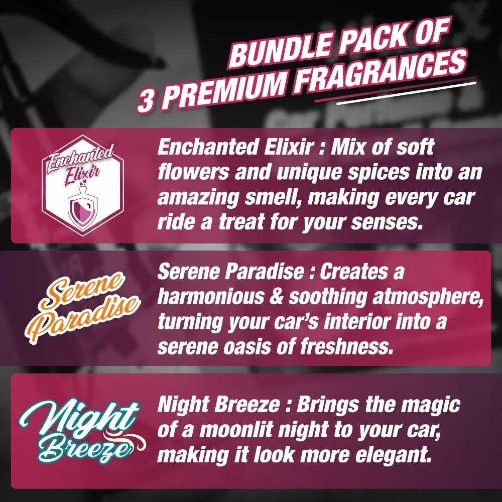 Air Freshener Car Perfume and Bad Smell Remover Bundle Pack - Serene Paradise, Night Breeze, Enchanted Elixir - 100ml Each, Long-Lasting Fragrances - Refresh Your Car's Ambiance- Car Accessories