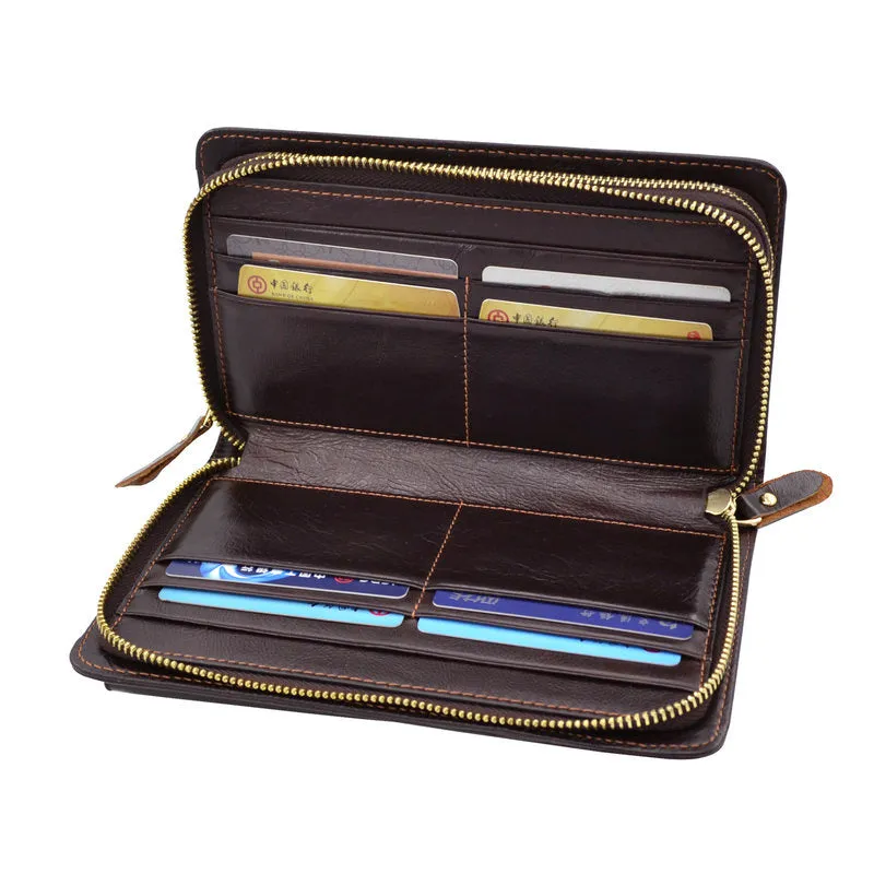 GENODERN Double Zipper Men Wallets with Phone Bag Vintage Genuine Leather Clutch Wallet Male Purses Large Capacity Men's Wallets