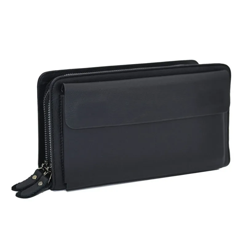 GENODERN Double Zipper Men Wallets with Phone Bag Vintage Genuine Leather Clutch Wallet Male Purses Large Capacity Men's Wallets