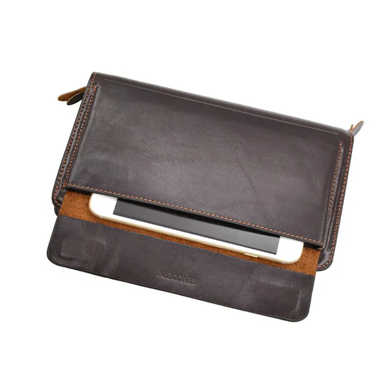 GENODERN Double Zipper Men Wallets with Phone Bag Vintage Genuine Leather Clutch Wallet Male Purses Large Capacity Men's Wallets