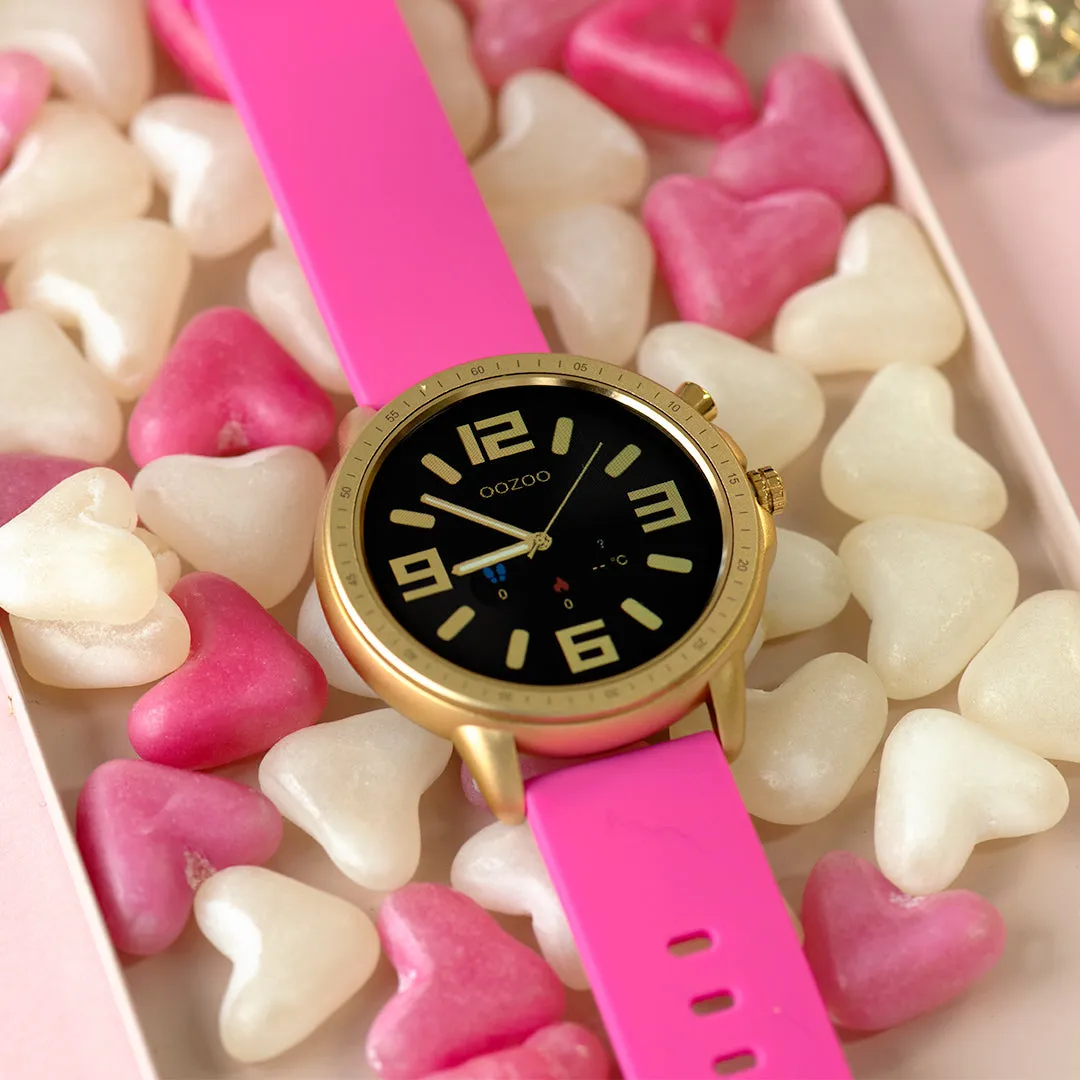Gold coloured OOZOO smartwatch with raspberry pink rubber strap - Q00320