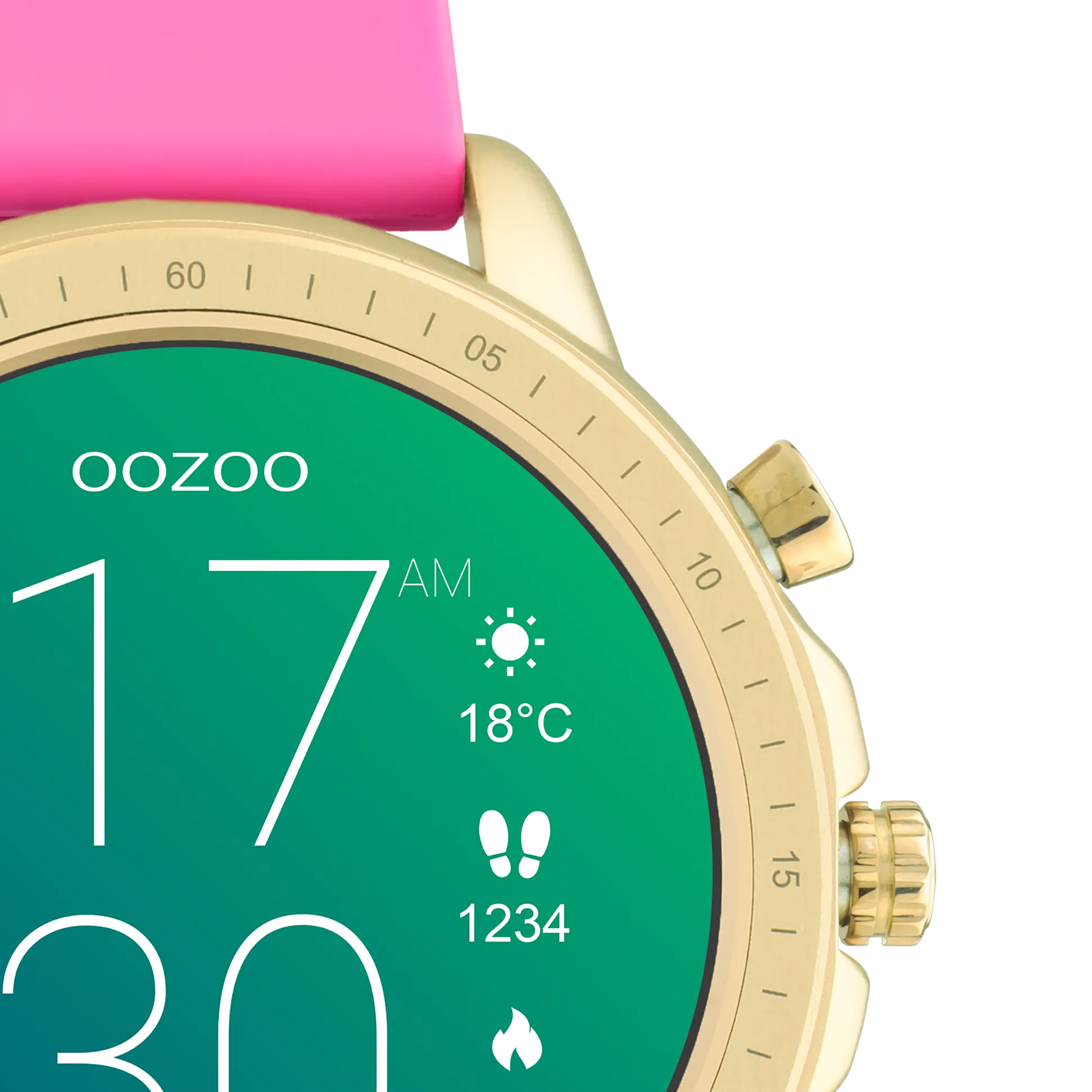 Gold coloured OOZOO smartwatch with raspberry pink rubber strap - Q00320