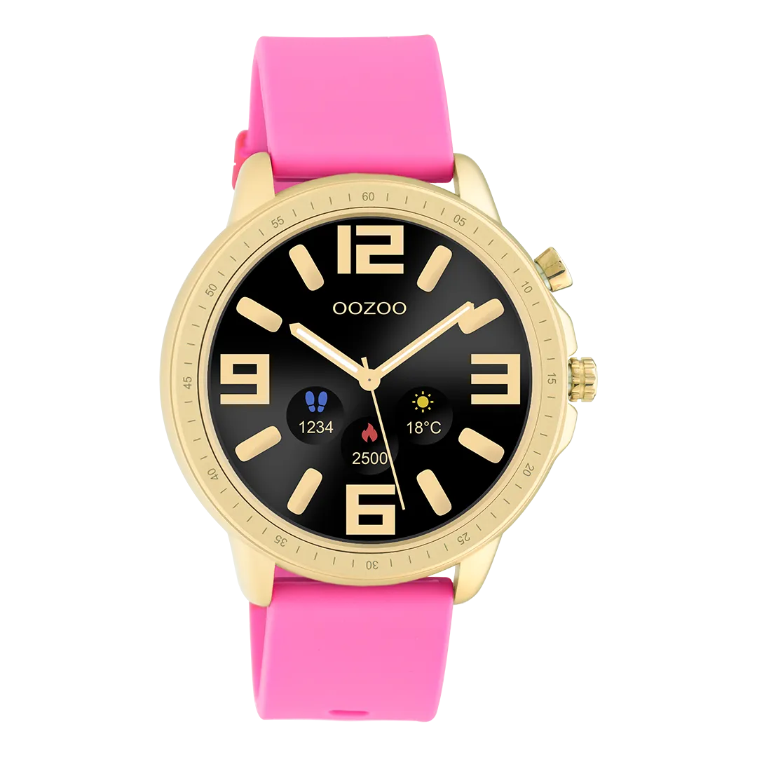 Gold coloured OOZOO smartwatch with raspberry pink rubber strap - Q00320