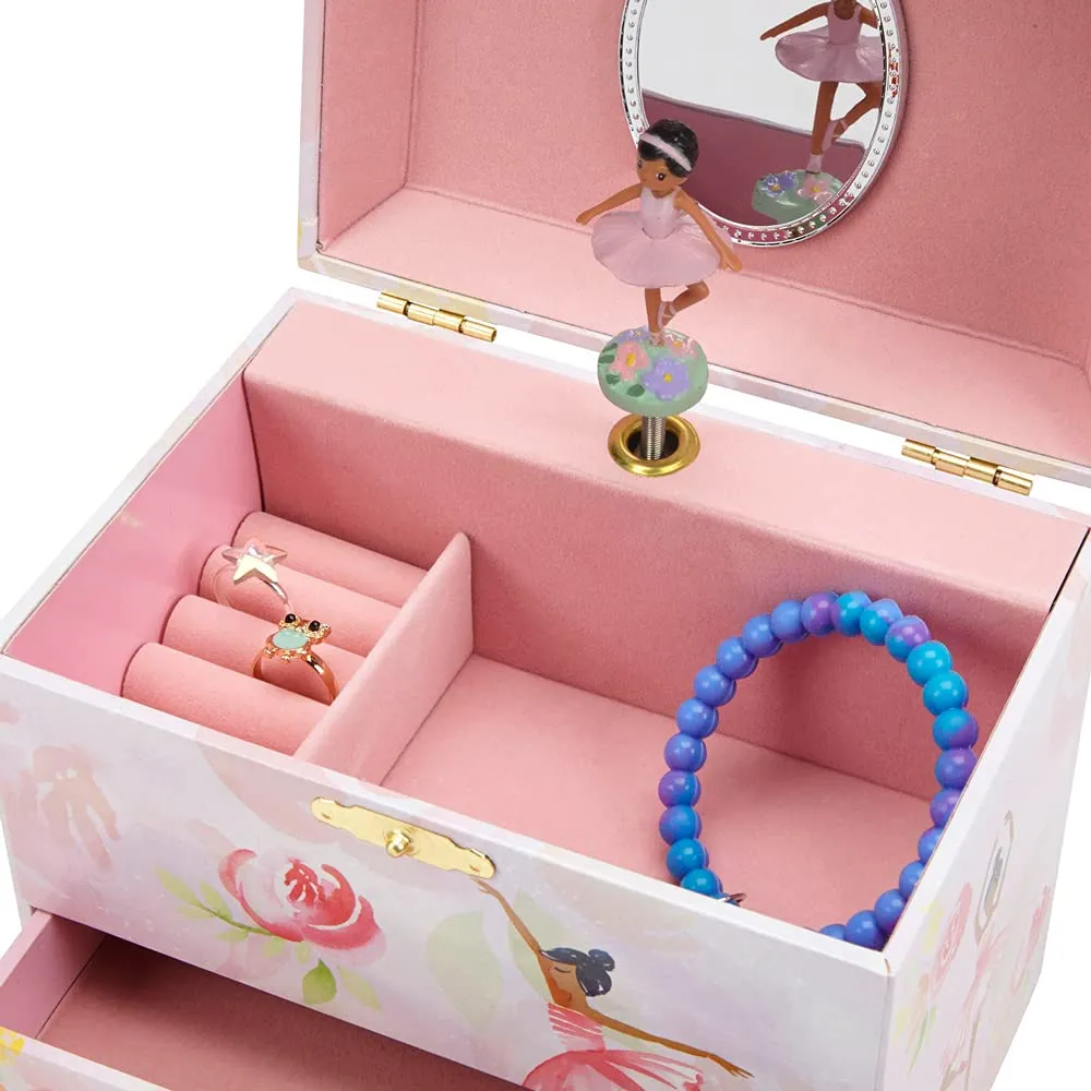Jewelkeeper Ballerina and Roses Girl's Musical Jewelry Box, 2 Pullout Drawers, Swan Lake