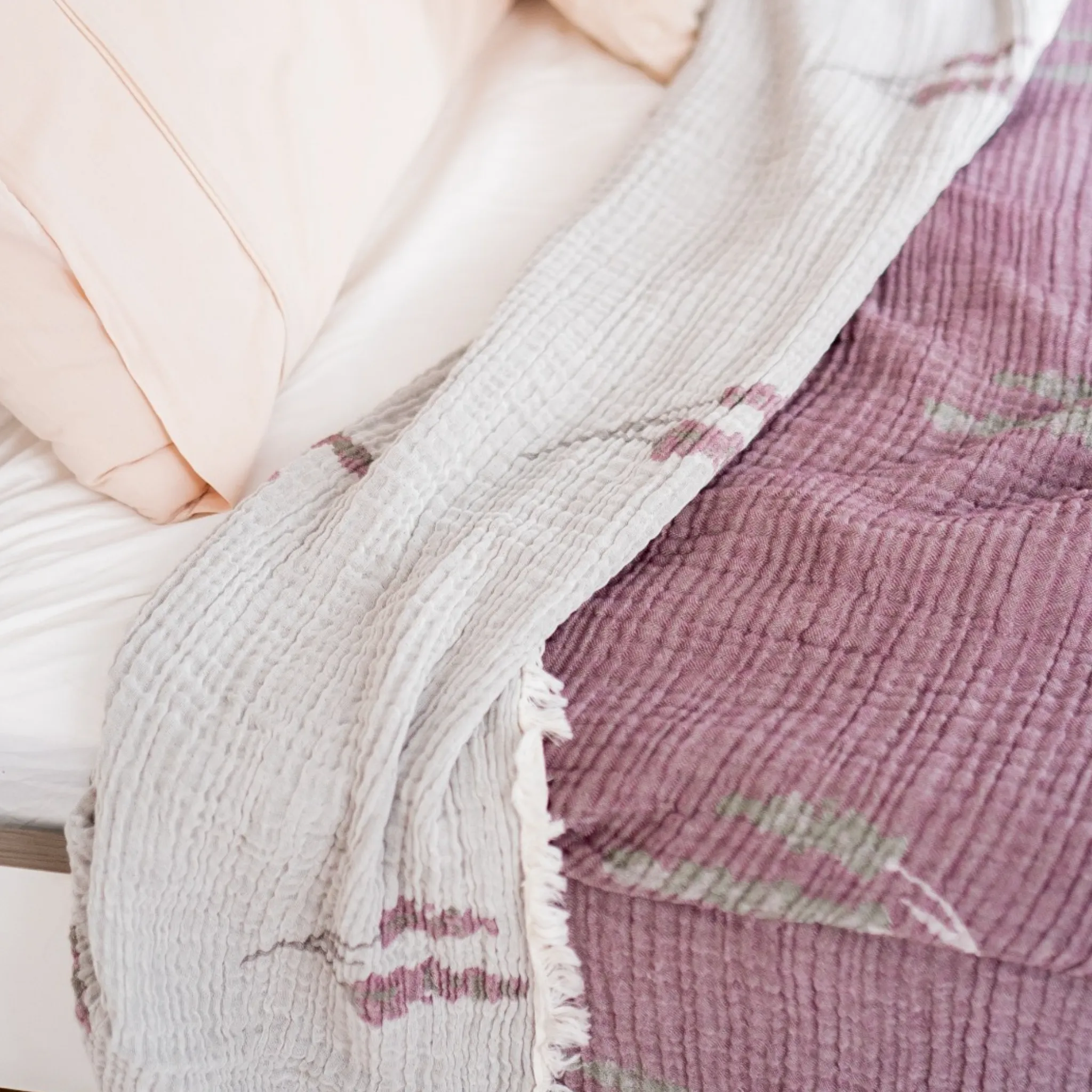 Natural Cotton Muslin Bed Cover for Adults Gauze Blanket Lavender Design