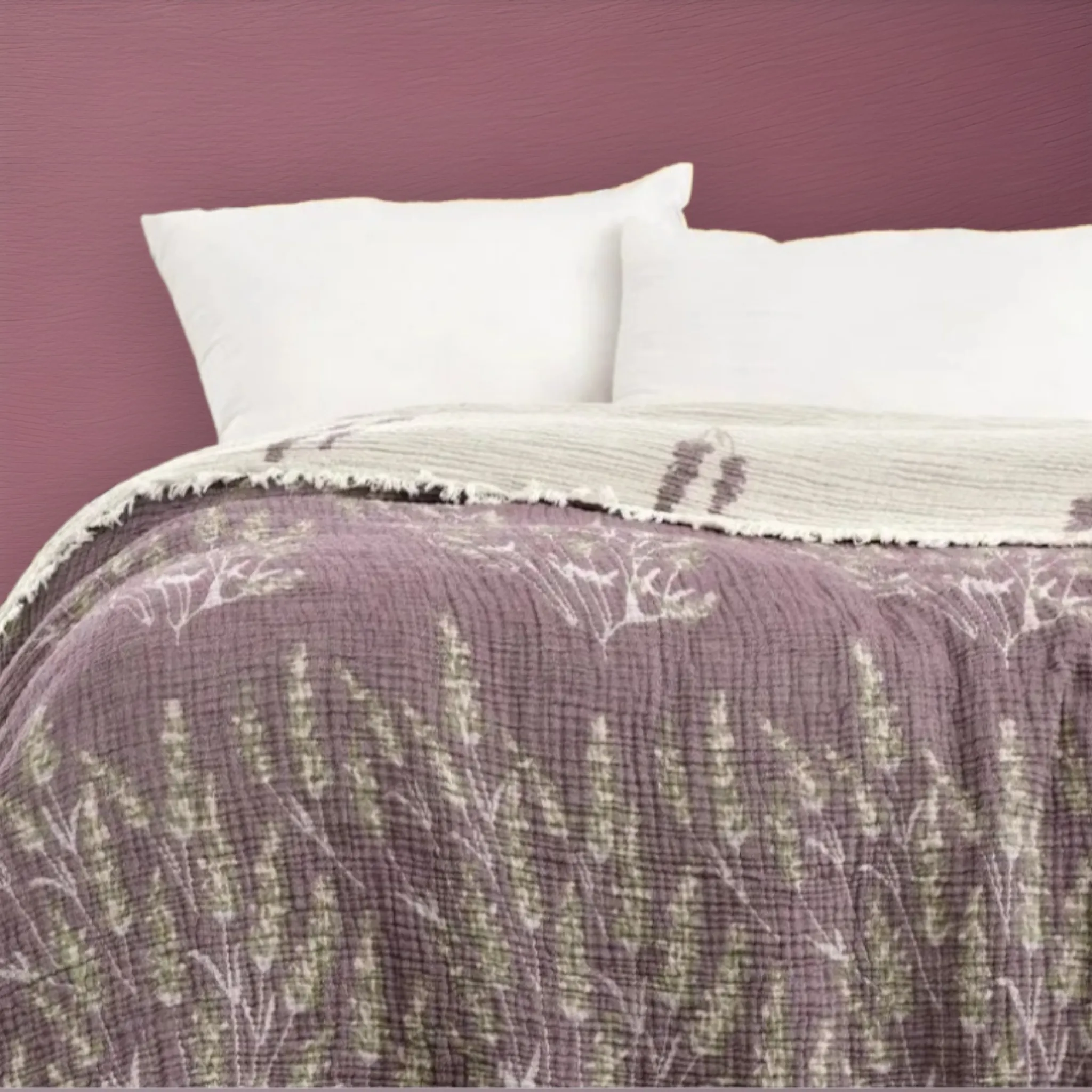 Natural Cotton Muslin Bed Cover for Adults Gauze Blanket Lavender Design
