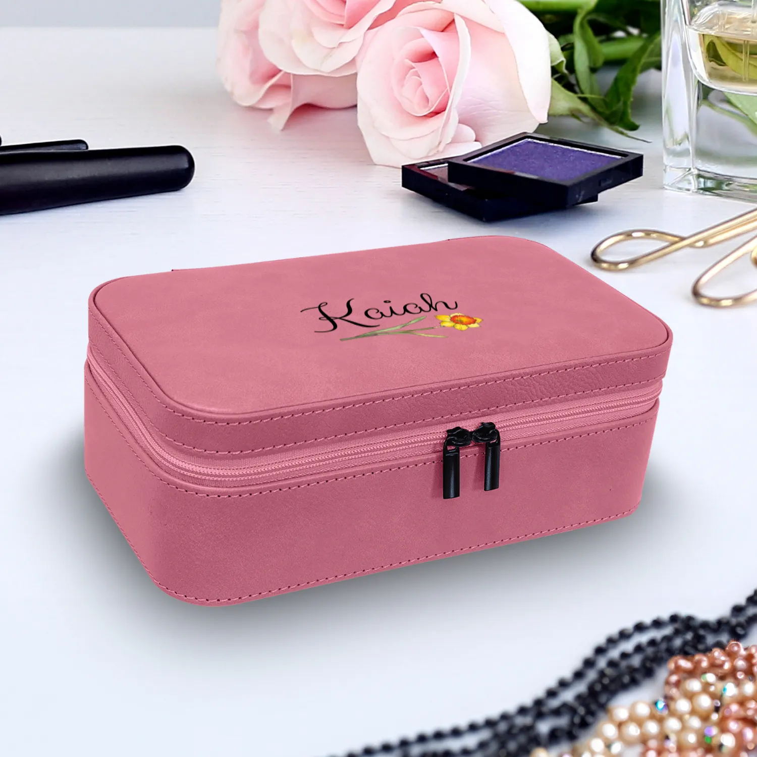 Personalized Birth Flower Jewelry Box  Custom Travel Organizer