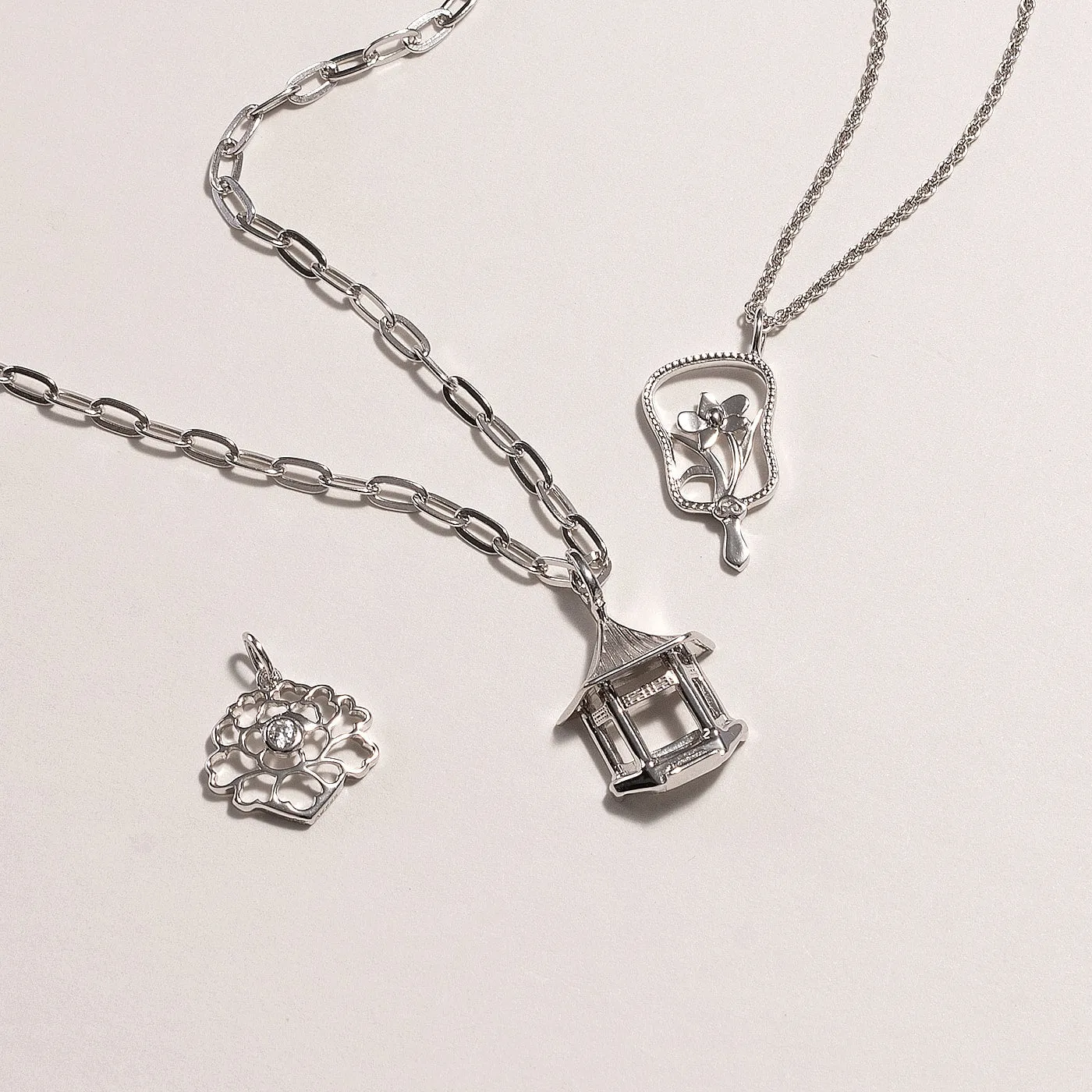 Tang Flower Charm - Silver with White Gem